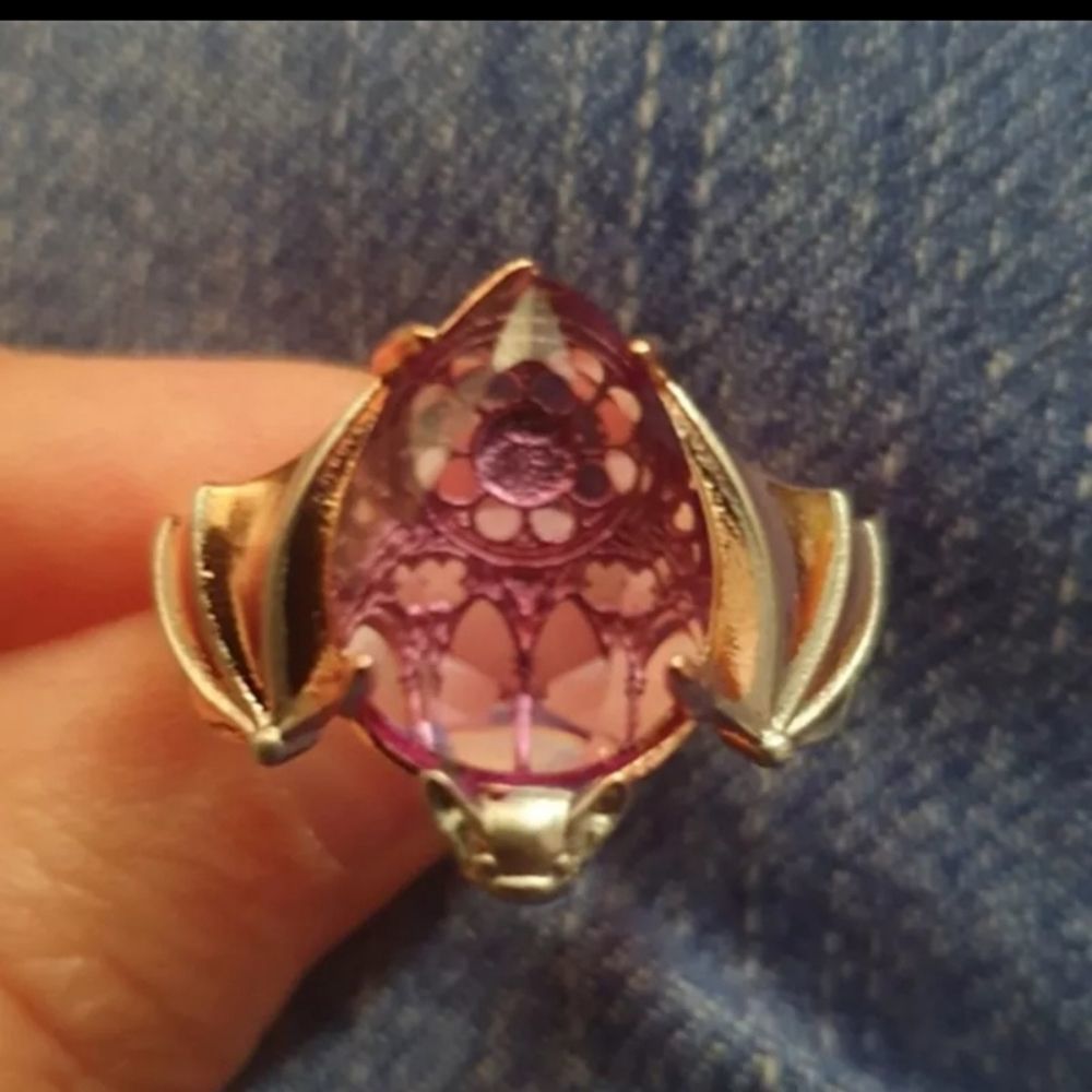 Gold and silver titanium purple glass crystal bat head wing ring goth punk
